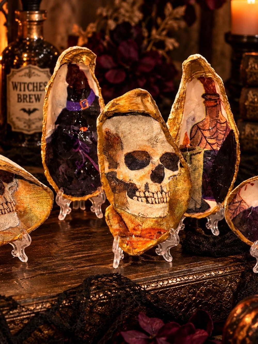 Halloween Skull Black Cat And Witch Oyster Shell Décor Gold Accent (5) Gift Set